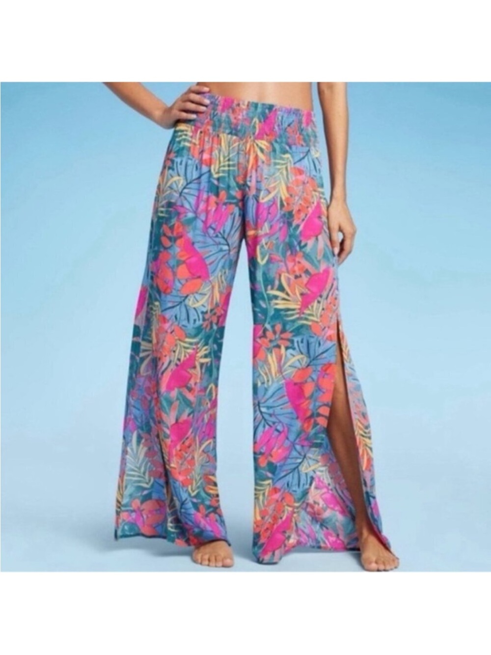 KONA SOL Sz L EUC Hawaiian Beach Resort Surf Multi Color Wide leg pant w/24”slit